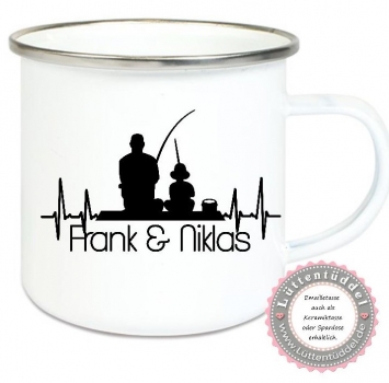 ♥ Becher Tasse Emaillebecher zauberhafte Tasse Emailletasse, Angler Vater & Sohn Vatertag, Wunschname, Dankeschön, Geburtstag, Abschied, Jubiläum, Geschenk, Kommunion, Firmung Konfirmation von Lüttentüddel